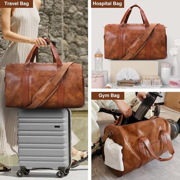 Leather Weekender Bags for Women Men, 3Pcs Women Overnight Bag with Shoe Compart - Picture 7 of 7